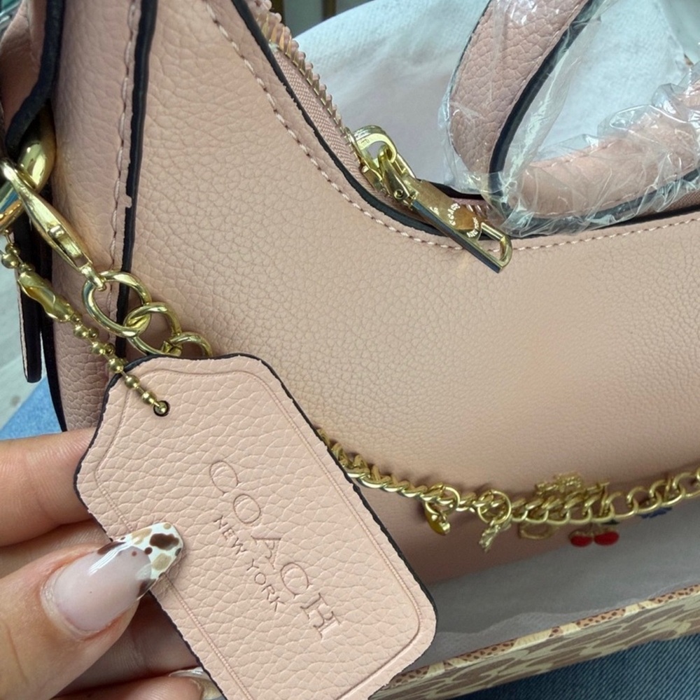 Coach Pink Leather Charm Shoulder Bag with Gold Chain - Picture 5 of 6